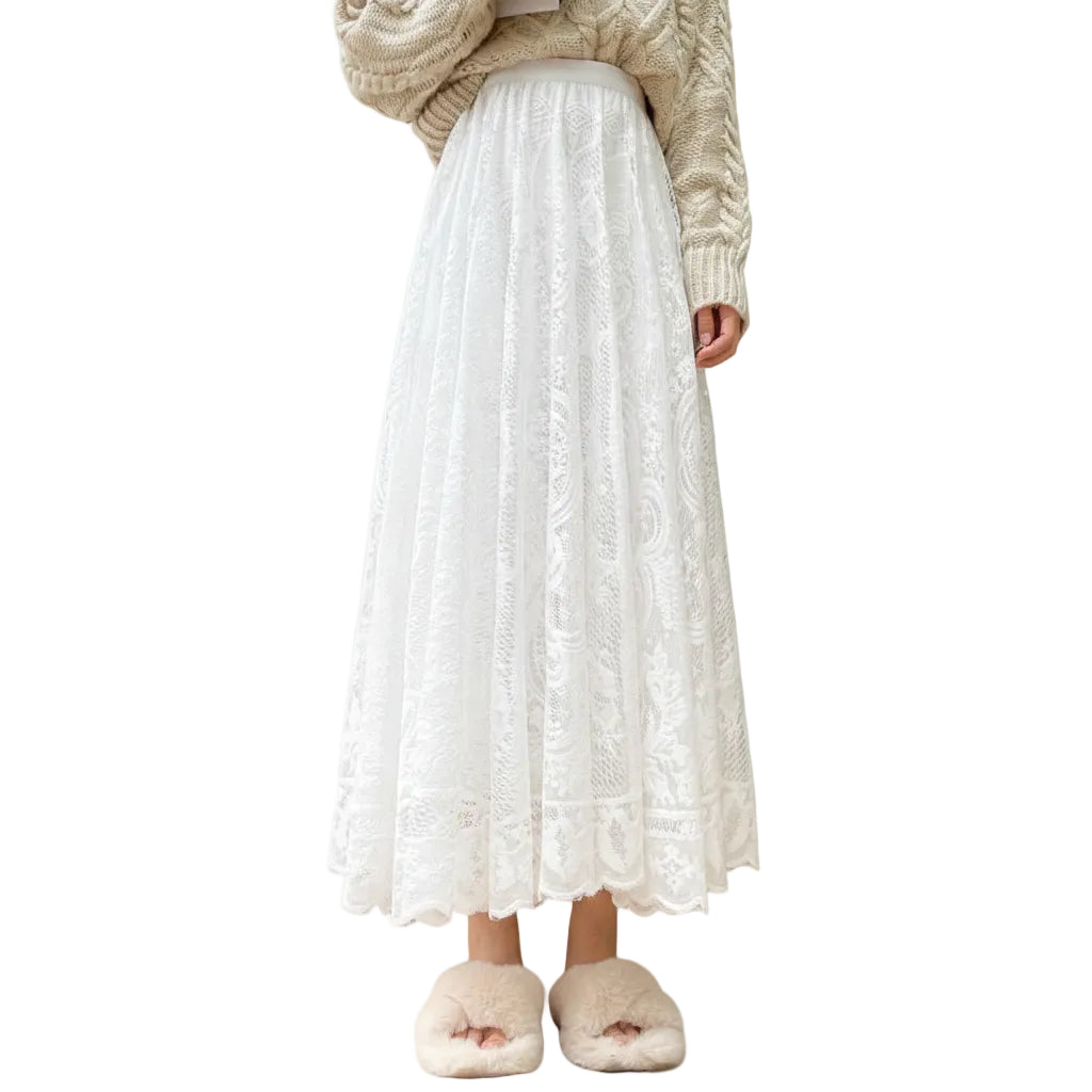 Women's Apricot French lace midi skirt.