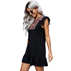 Women's Black bohemian sleeveless A-line dress.
