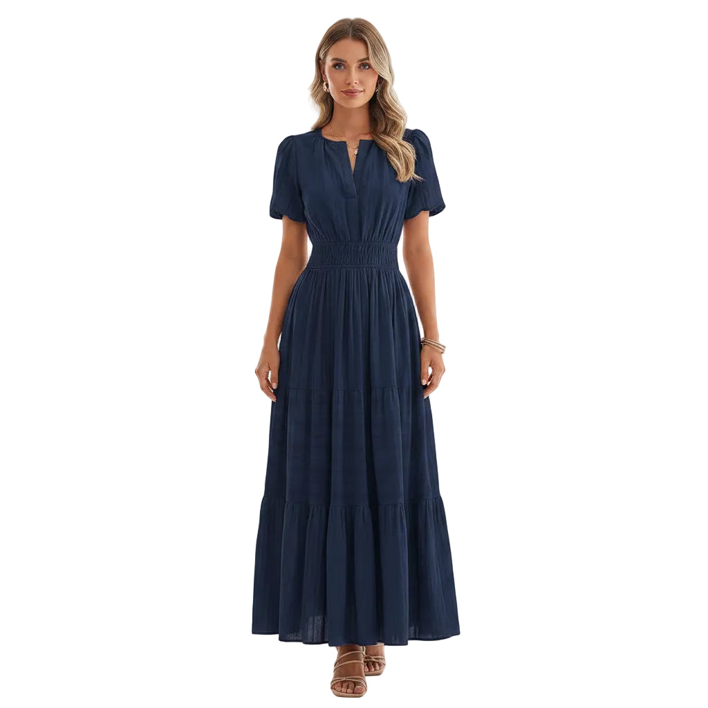 Women's Black V neck pleated maxi dress.