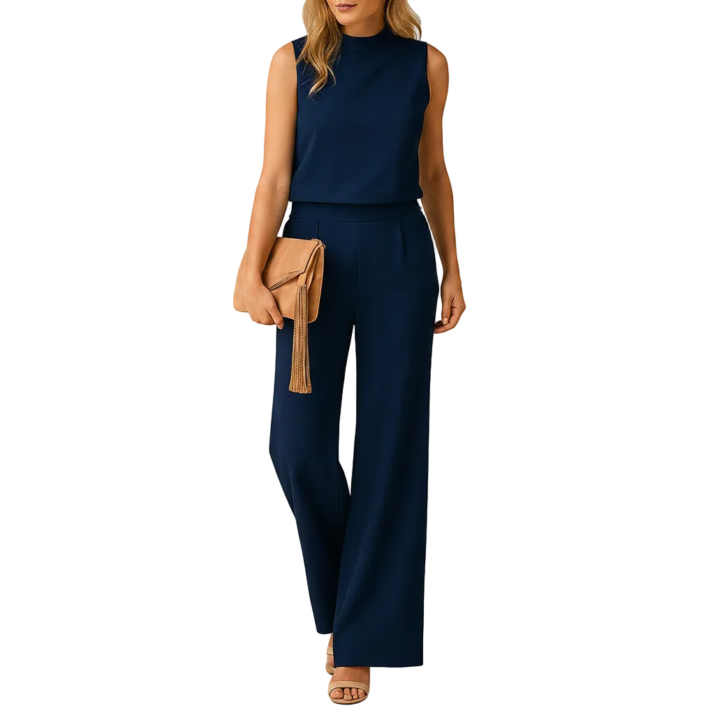 Blue flattering mid waist jumpsuit look