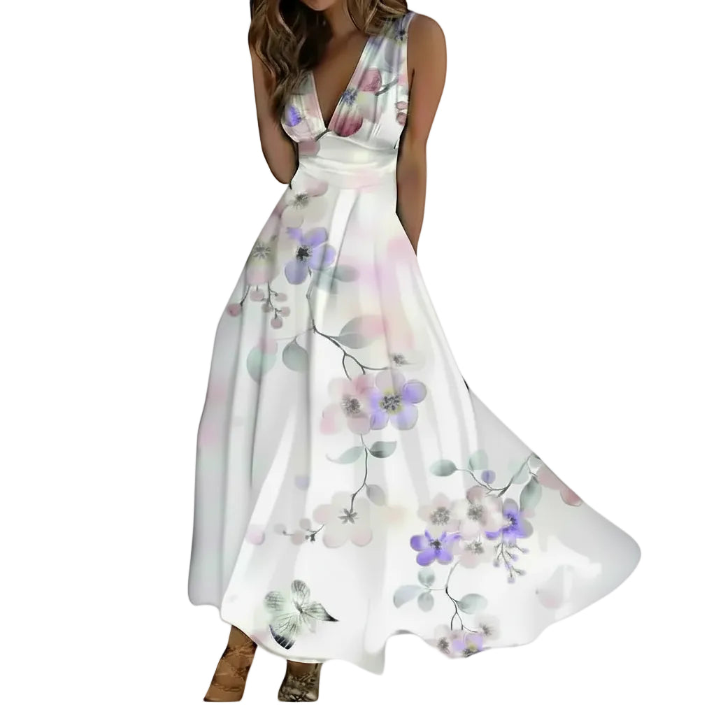 Women's Blue Floral V neck maxi dress.