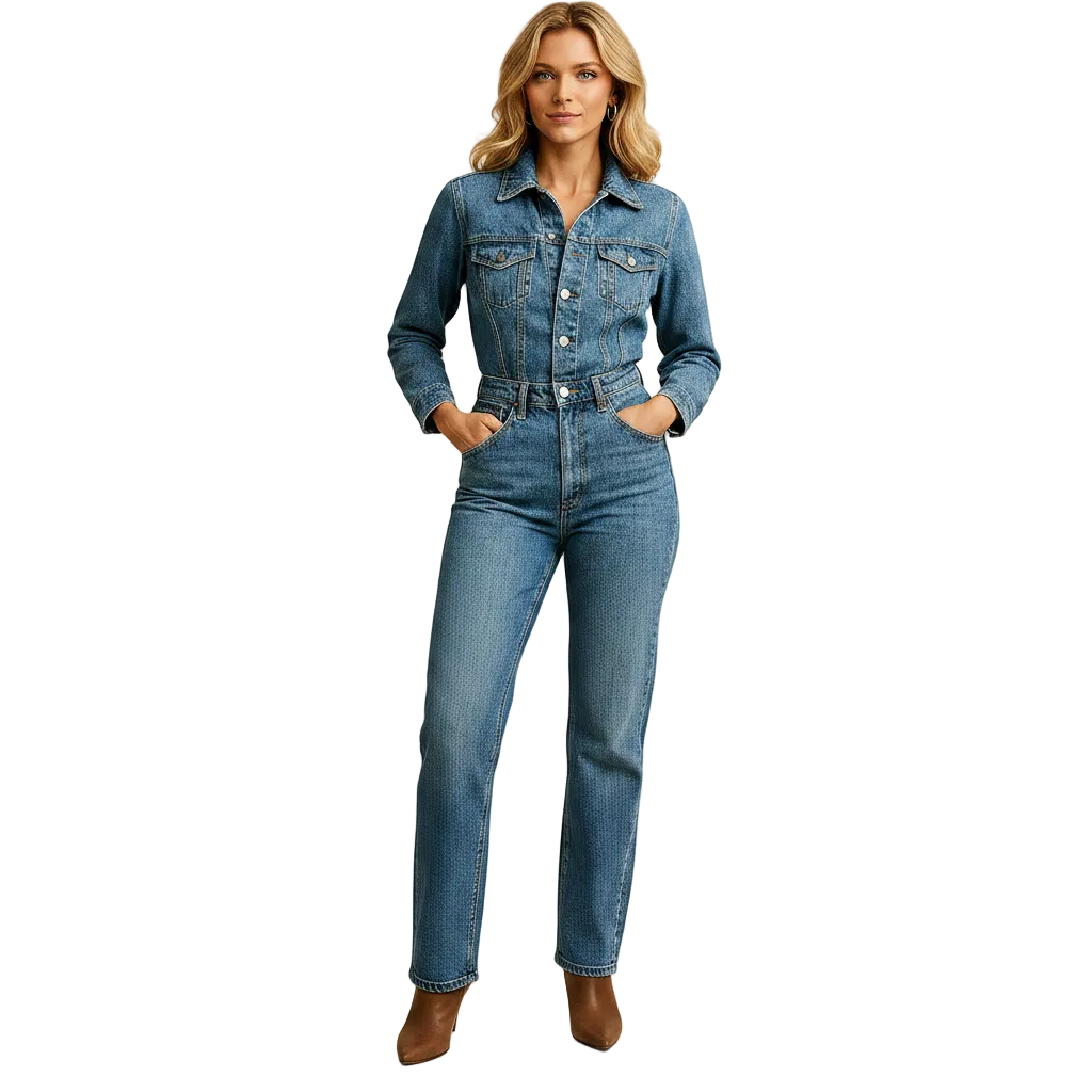 Blue straight leg denim jumpsuit display