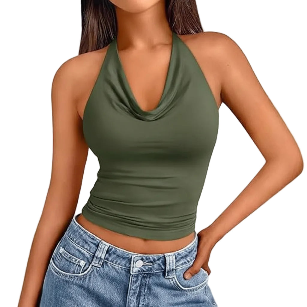 Front view of halter neck tank top for women