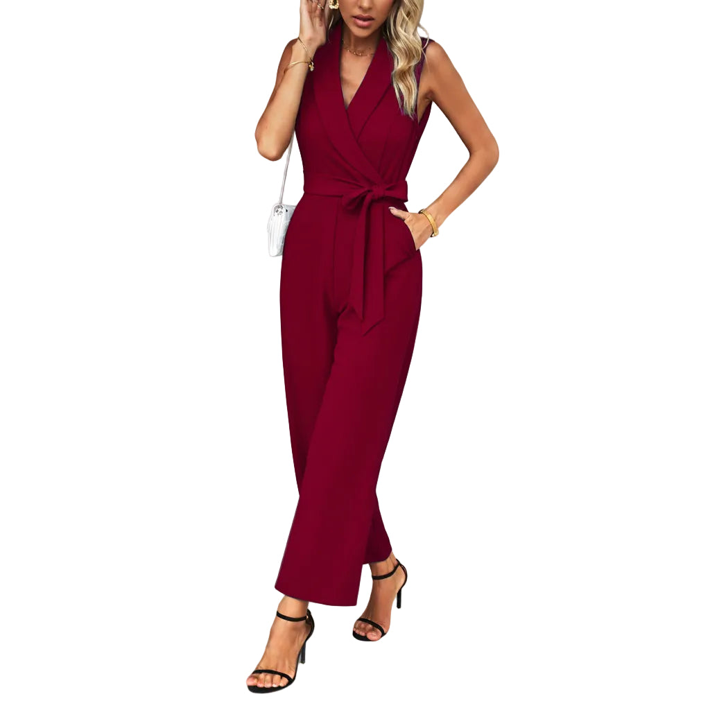 Women's Khaki office jumpsuit with shoulder straps.