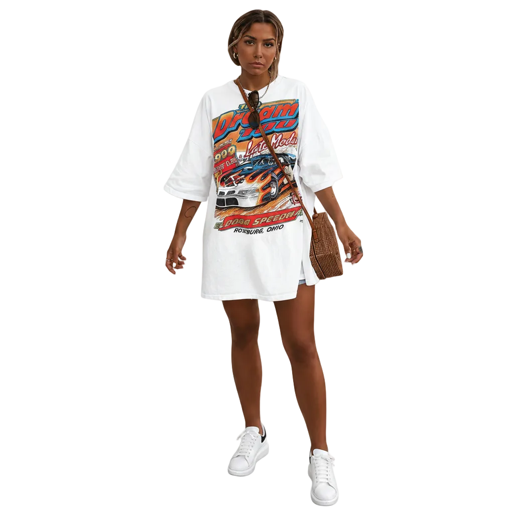 Front view of modern letter print T shirt for women