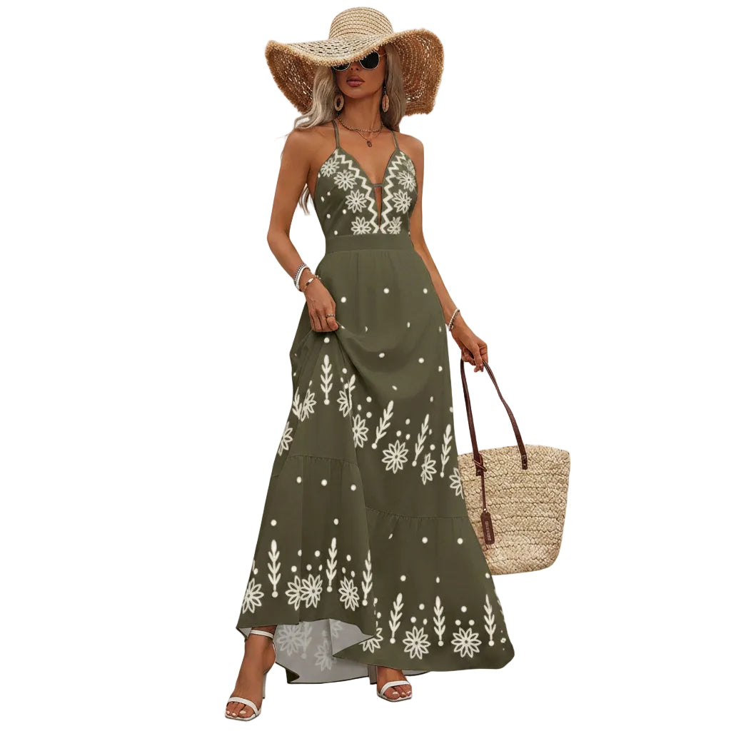 Women's Navy Blue open back floral maxi dress.
