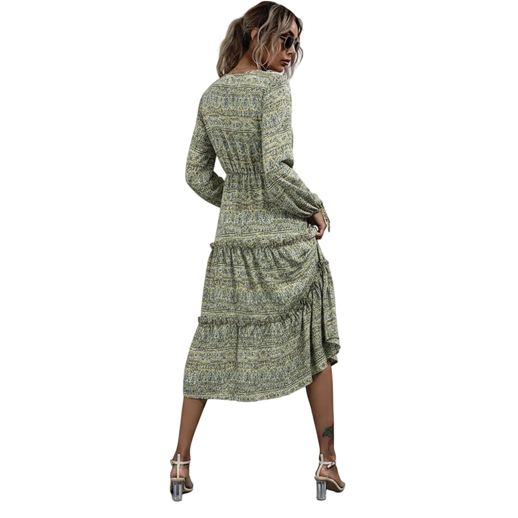 Women's Navy Boho Print pleated midi dress.