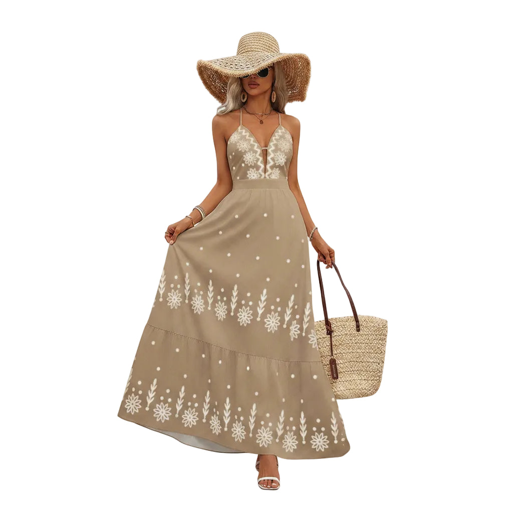 Women's Olive Green floral flared maxi dress.