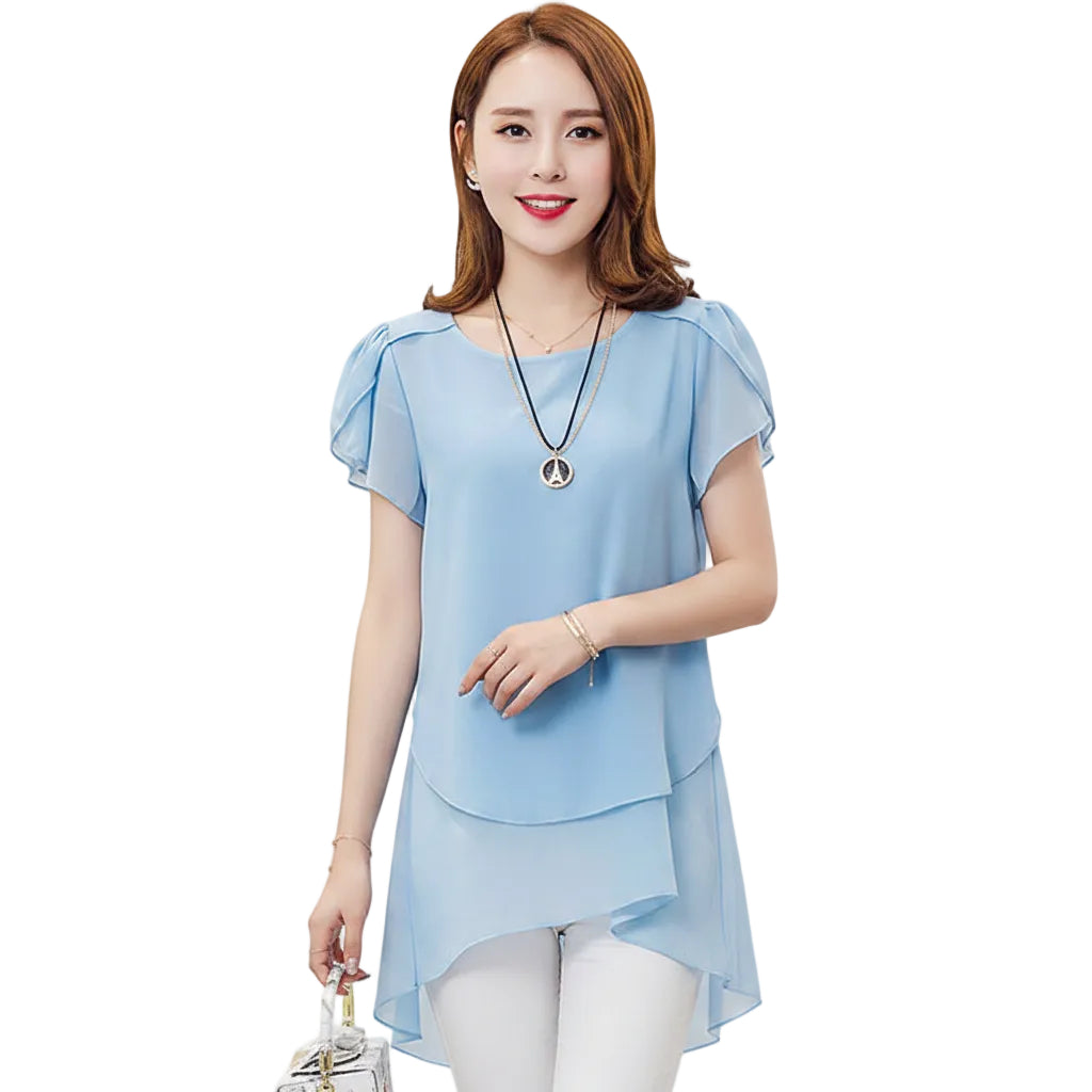 Women's plus size chiffon blouse with relaxed fit.