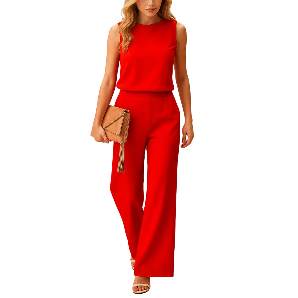 Red round neck wide leg jumpsuit display