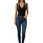 Front view of ruched rhinestone tank top for women