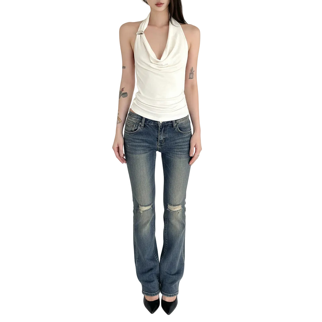 Close up detail of slim fit halter top