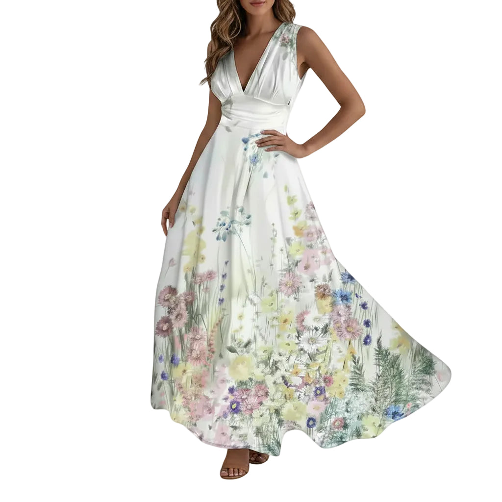 Women's White Blue Floral sleeveless maxi dress.