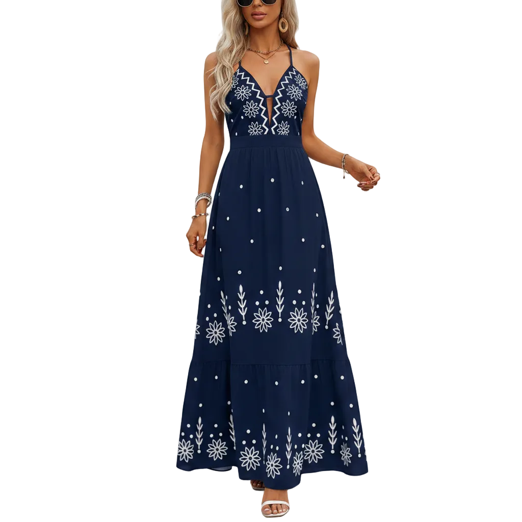 Women's White floral halter neck maxi dress.