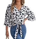 Women's White tie neck chiffon blouse with leopard print.