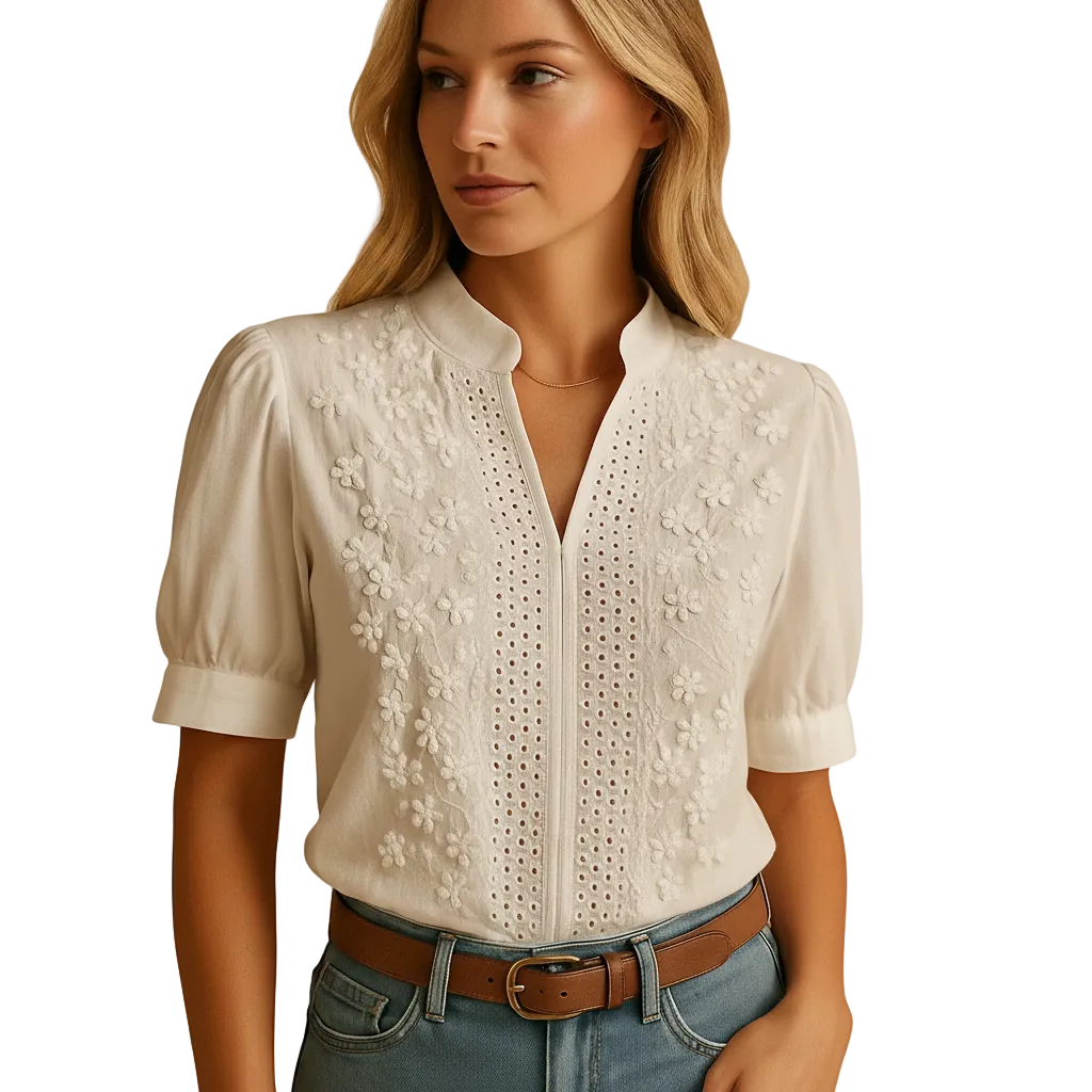 White women's classic button front blouse front view