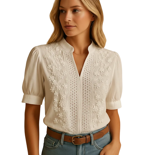 White women's classic button front blouse front view
