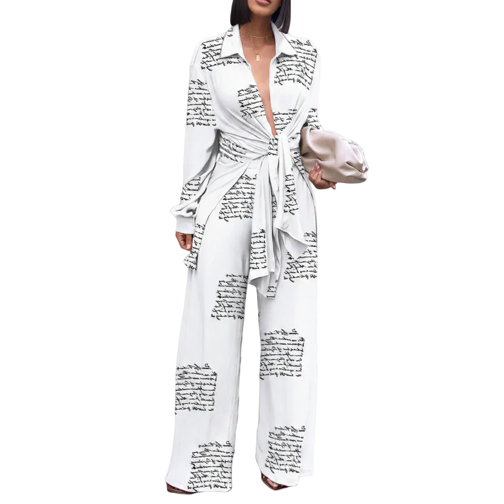 Women's blouse and wide leg pants two piece set front view.