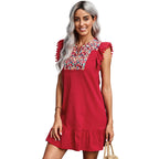 Women's bohemian V neck A-line dress front view.