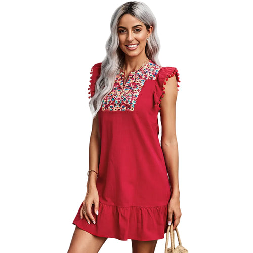 Women's bohemian V neck A-line dress front view.