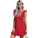 Women's bohemian V neck A-line dress front view.