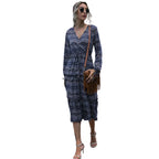 Women's boho print long sleeve midi dress front view.
