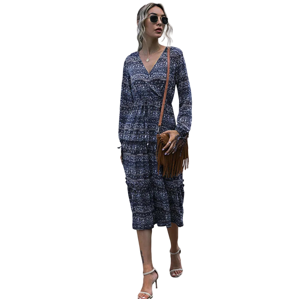 Women's boho print long sleeve midi dress front view.