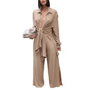 Women's casual wide leg pants set with matching blouse.