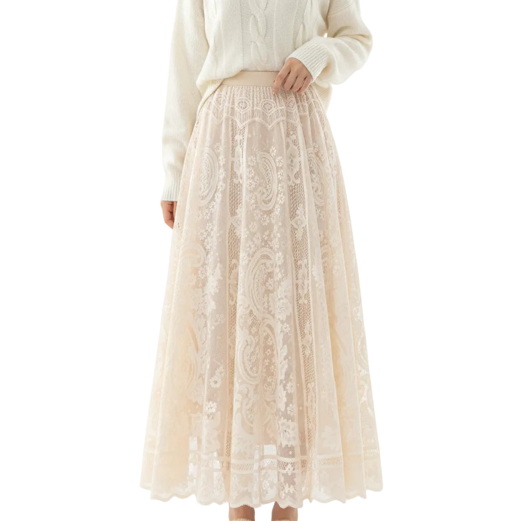 Women's elegant French lace midi skirt front view.