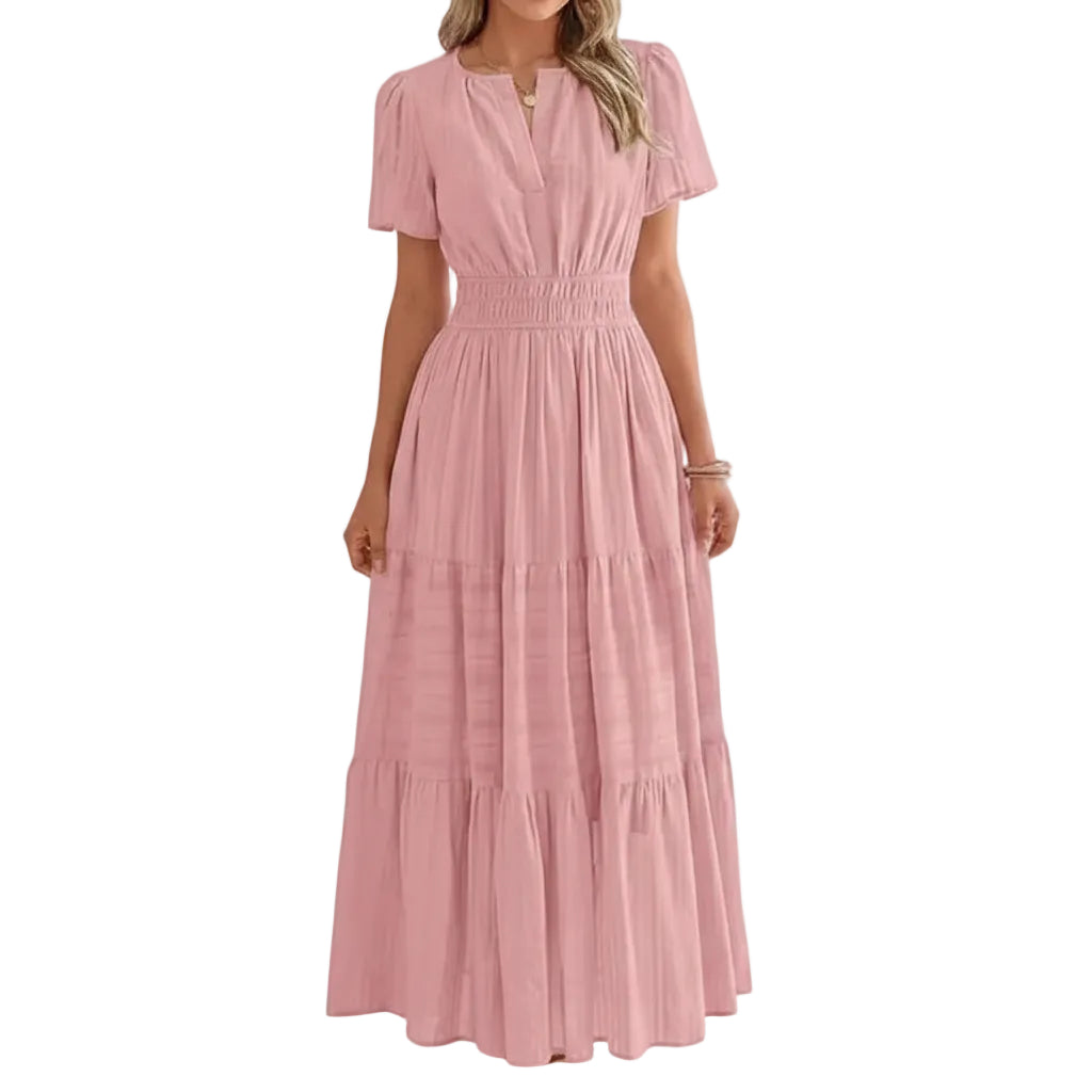 Women's elegant V neck pleated puff sleeve maxi dress front view.