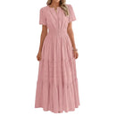 Women's elegant V neck pleated puff sleeve maxi dress front view.