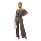 Women's fashion wide leg jumpsuit front view.