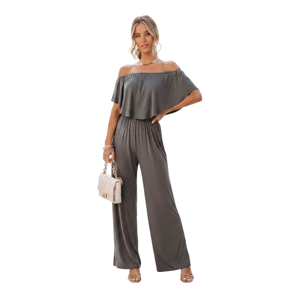 Women's fashion wide leg jumpsuit front view.