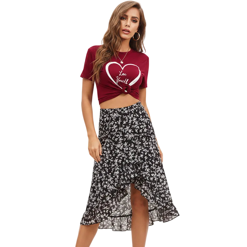 Women's floral chiffon midi skirt front view.