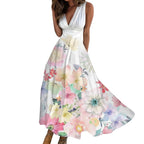 Women's floral V neck sleeveless swing maxi dress front view.