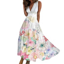 Women's floral V neck sleeveless swing maxi dress front view.
