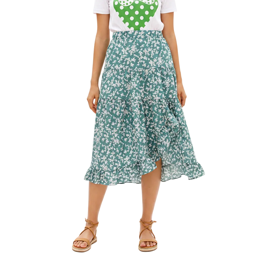 Women's flowy floral midi skirt for everyday wear.