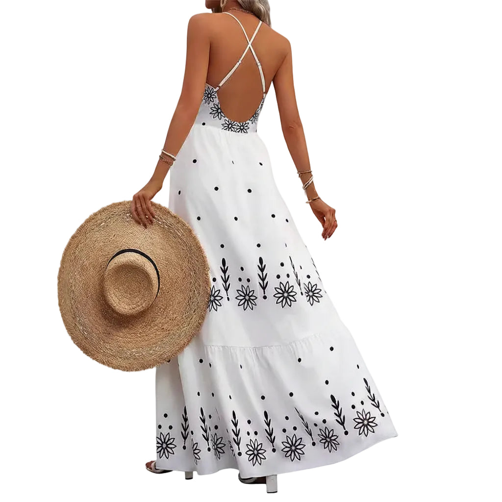 Women's high waist flared maxi dress with floral print.