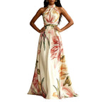 Women's high waist floral maxi dress with flowing silhouette.