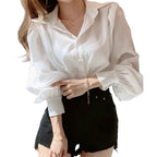 Women's elegant lantern sleeve blouse with button front