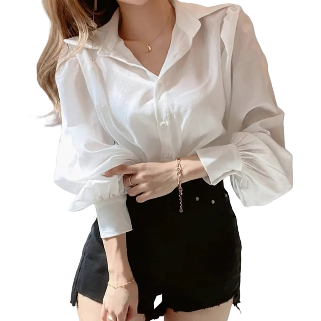 Women's elegant lantern sleeve blouse with button front