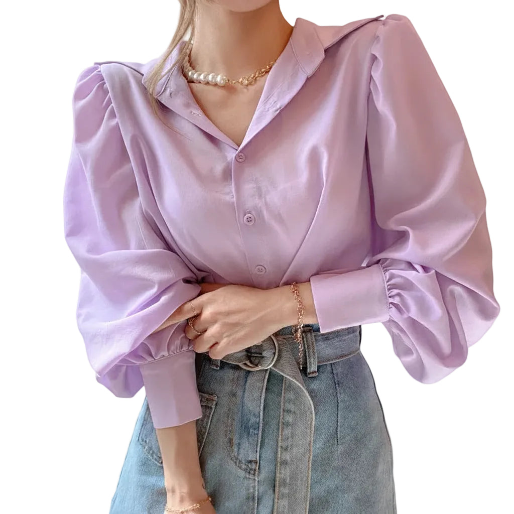 Women's lapel single breasted blouse front view.