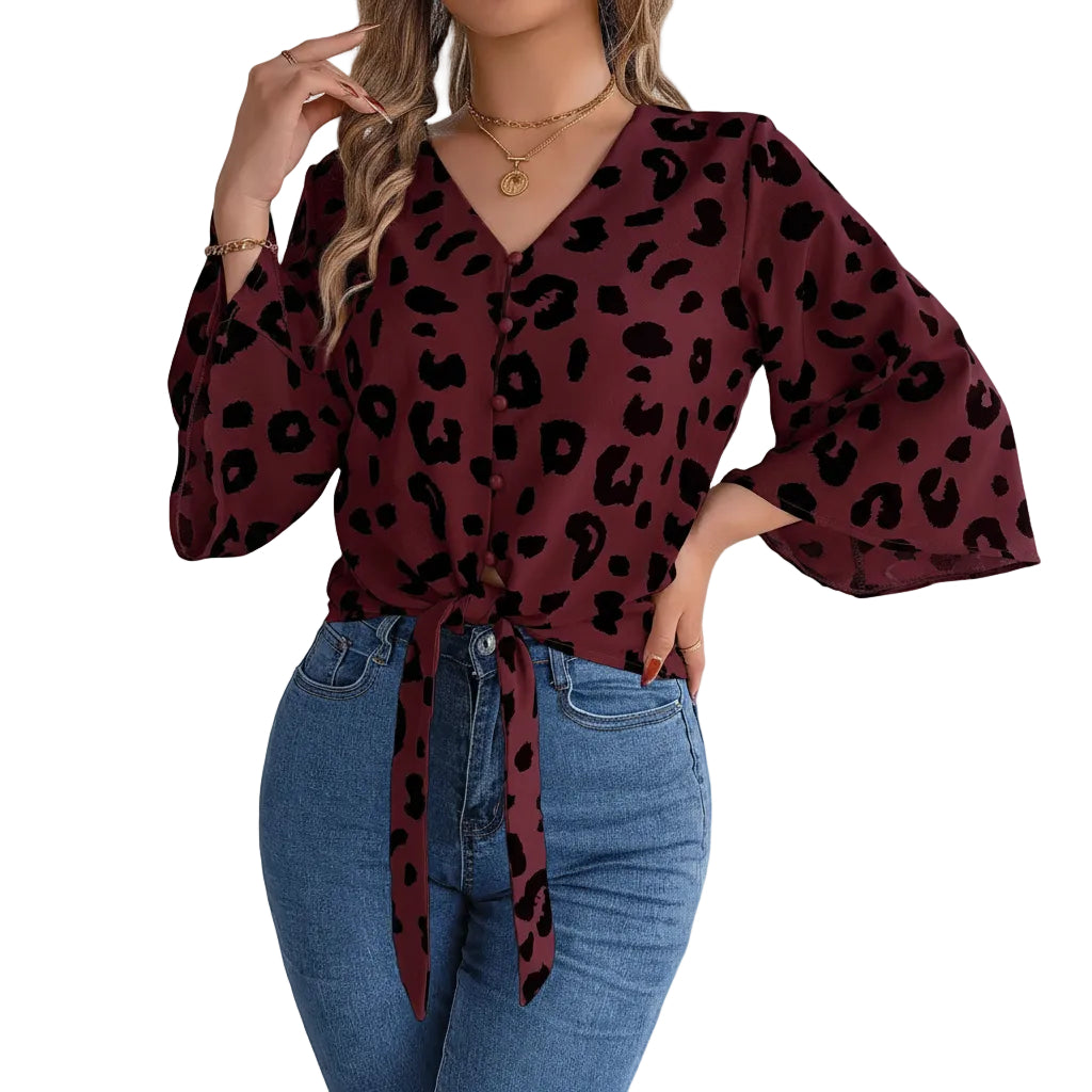 Women's casual leopard print tie neck chiffon blouse front view.