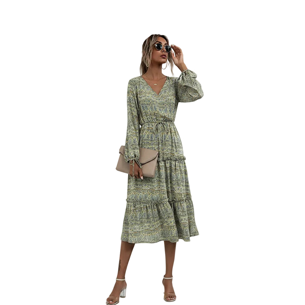 Women's long sleeve boho print dress with elegant style.