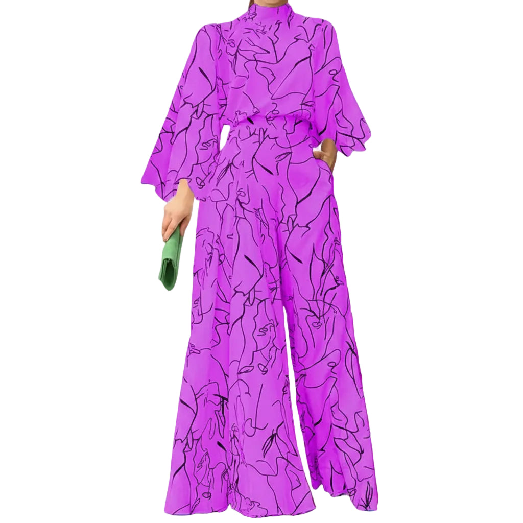 Women's long sleeve wide leg jumpsuit with high waist.