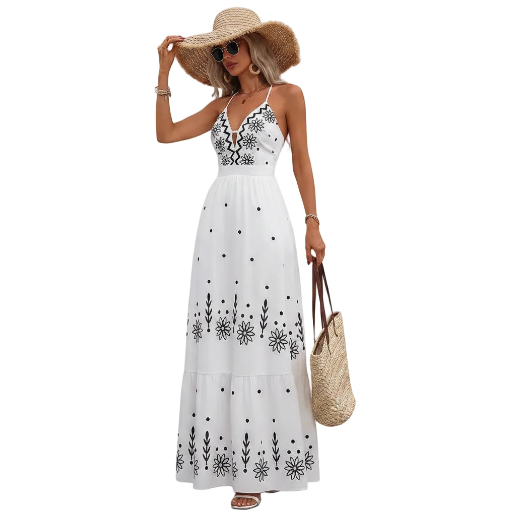 Women's open back floral maxi dress with flowing silhouette.