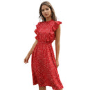 Women's polka dot chiffon A line maxi dress front view.
