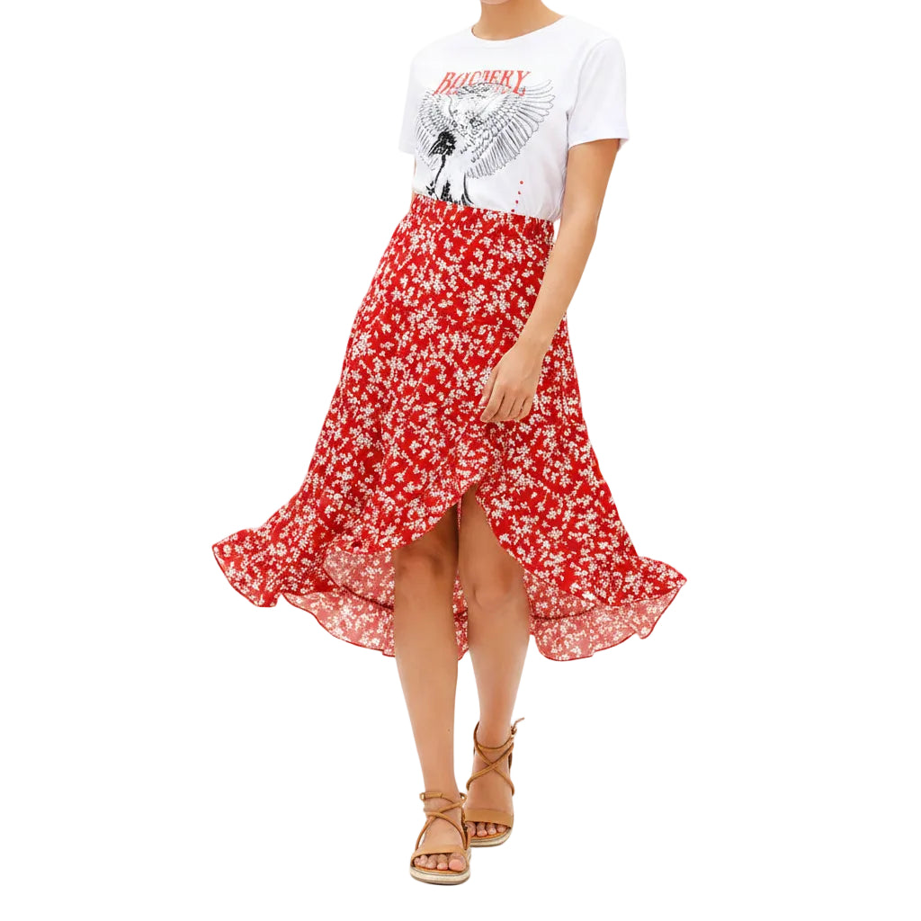 Women's floral ruffle midi skirt with elegant style.