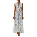 Women's sleeveless floral maxi dress with V neckline.