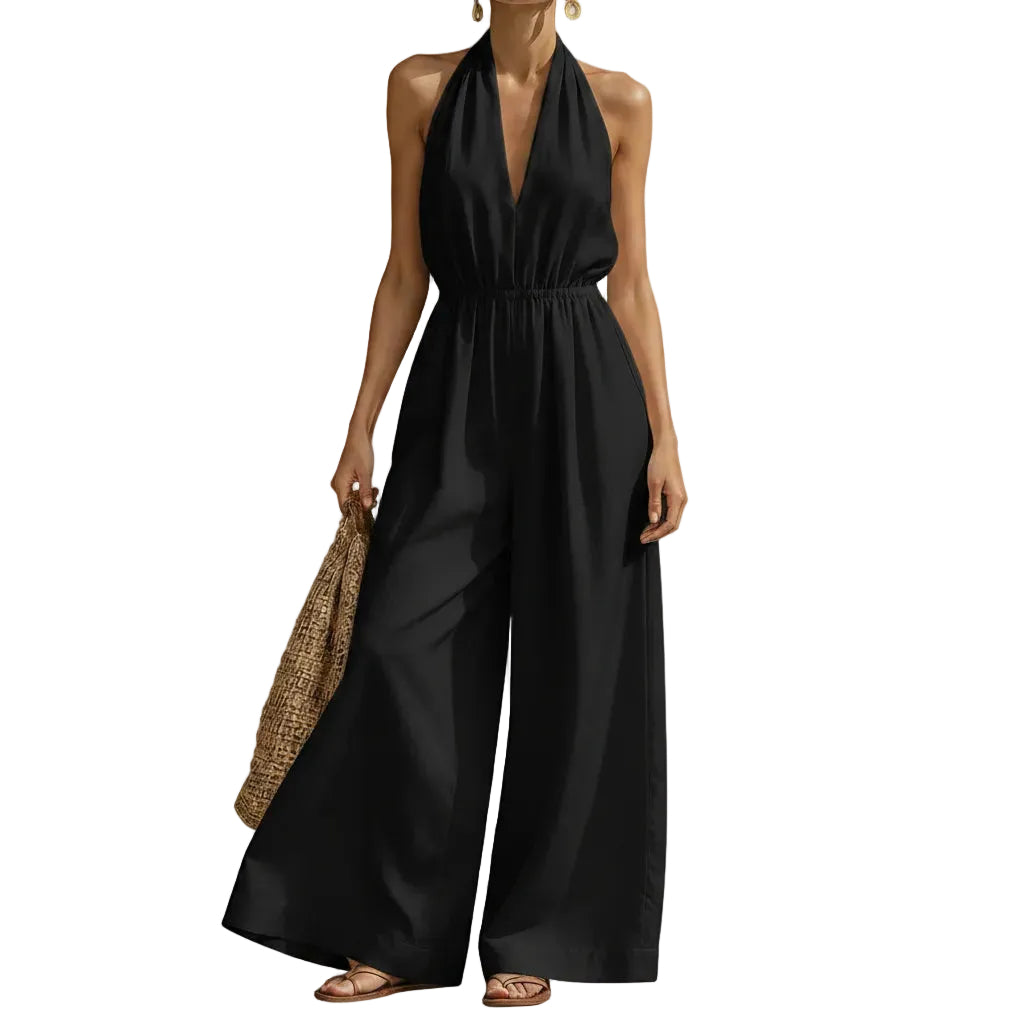 Women's sleeveless V neck jumpsuit with relaxed fit